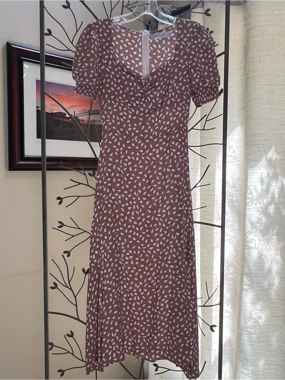 Franklin Print Puff Sleeve Midi Dress Mocha Size 2 - Picture 5 of 15